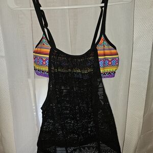 Black Crochet Cover-Up with Multicolor Tribal Bikini Top